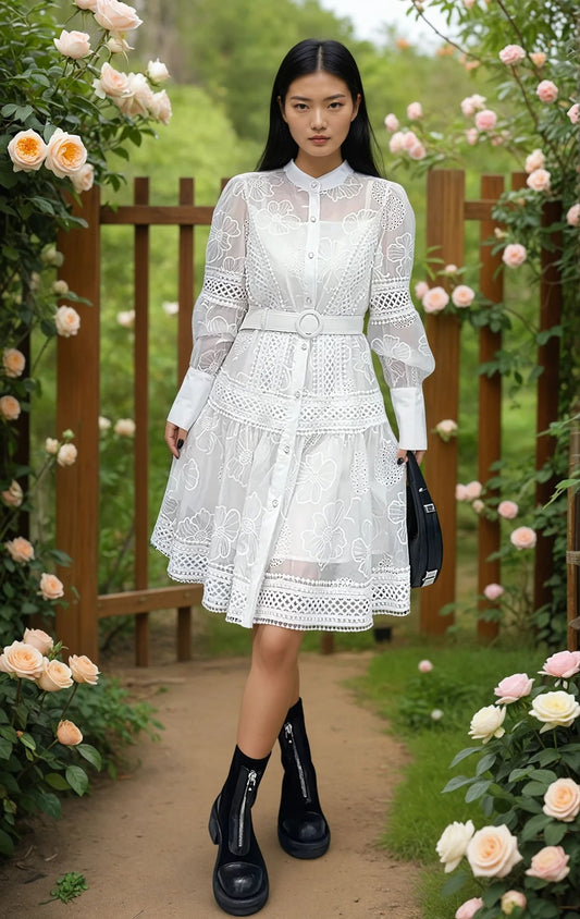 Timeless Lace Beauty – Luxury Women’s Embroidered Shirt Dress